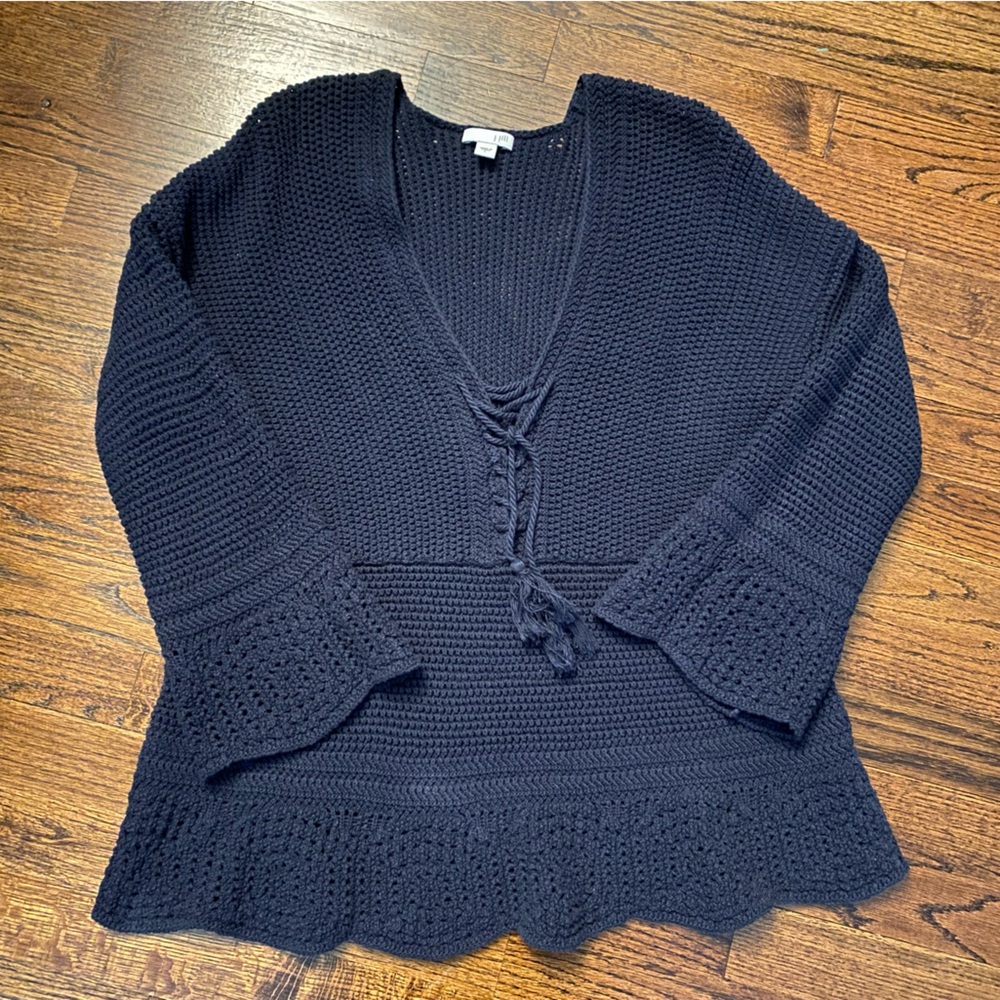J.Jill- 100% Cotton Crochet Sweater Peplum top Navy Blue Coastal Nautical Boho L